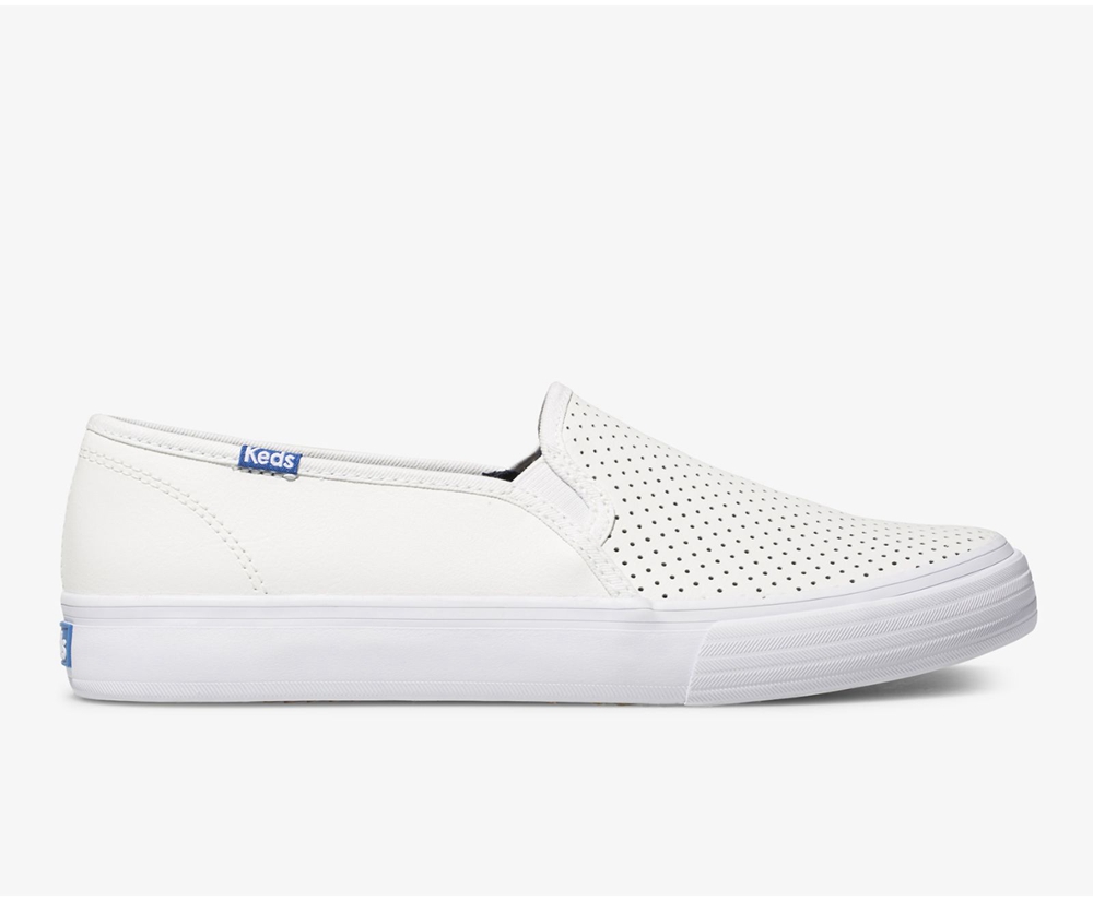 Slip Ons Keds Femme Blanche - Double Decker Perf Cuir - 268-WCZHXN